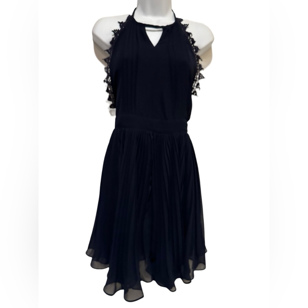 Chiffon Dress S Mini Navy Pleated Halter Neck Lace Trim Backless Whimsigoth‎
